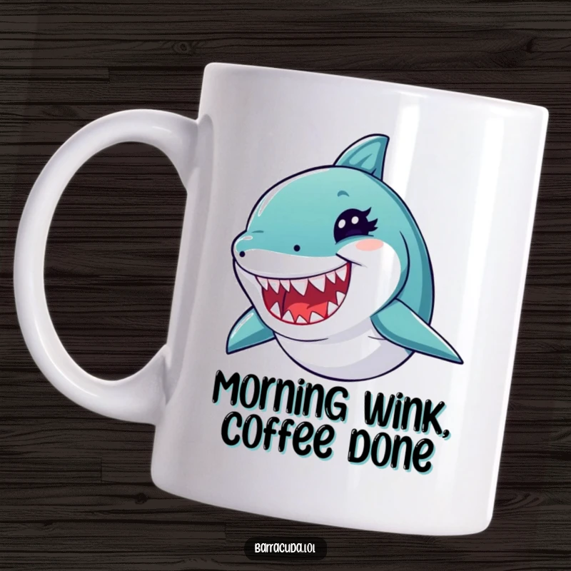 Funny barracuda mug with a playful wink and tiny sharp teeth displayed, exuding a cheeky and confident ocean vibe.