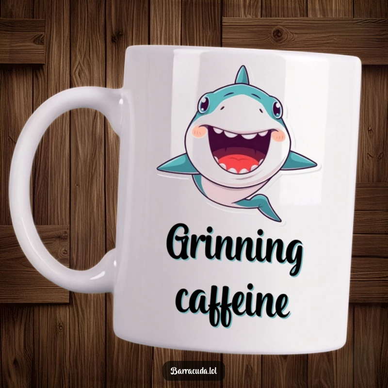 Funny mug showcasing a kawaii barracuda with an enormous, toothy grin, swimming forward with infectious, quirky excitement.