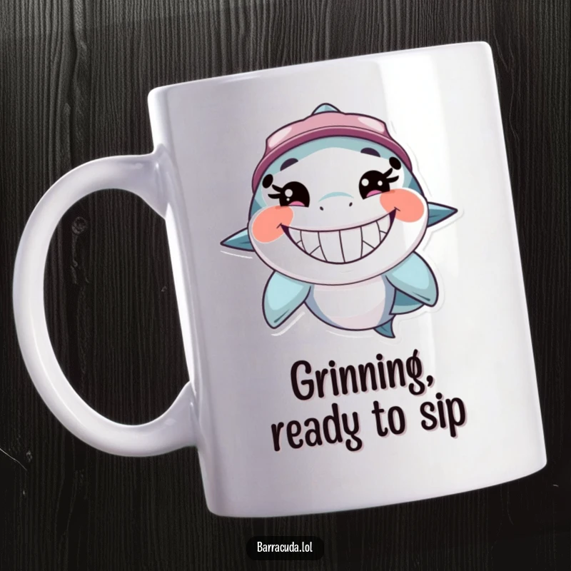 Funny barracuda mug with a massive, toothy, happy grin, showcasing a cheerful and slightly mischievous fishy friend ready for coffee.