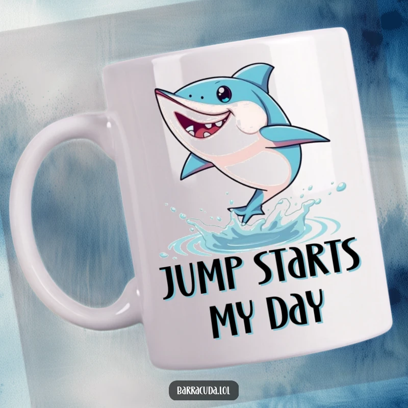 Funny barracuda mug showing a fish leaping playfully out of the water with dynamic energy and a joyful splash.