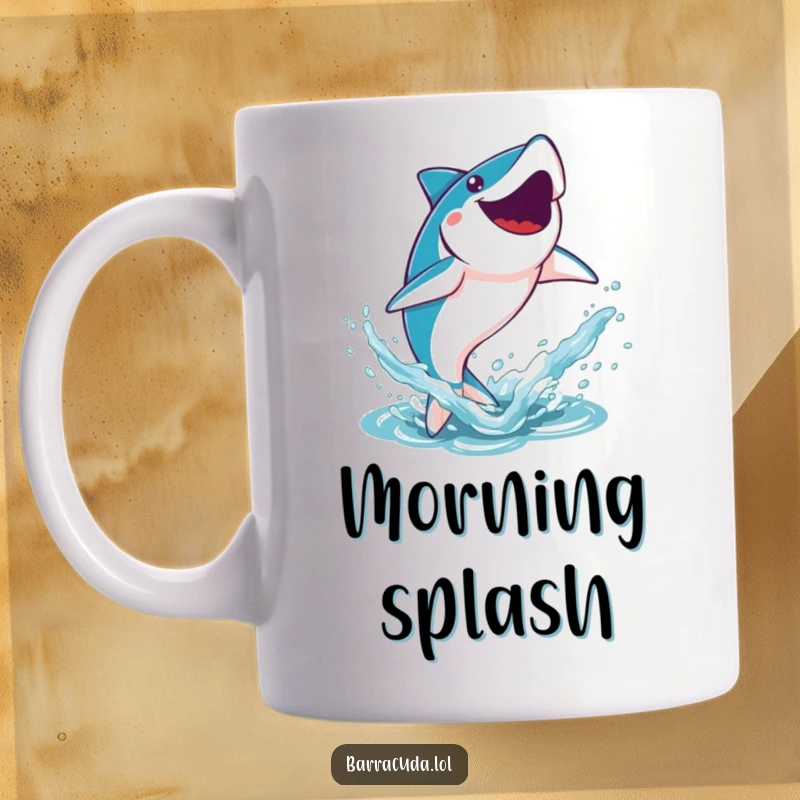 Funny Kawaii Barracuda Mug: a cute barracuda leaping joyfully out of the water, creating a big splash.