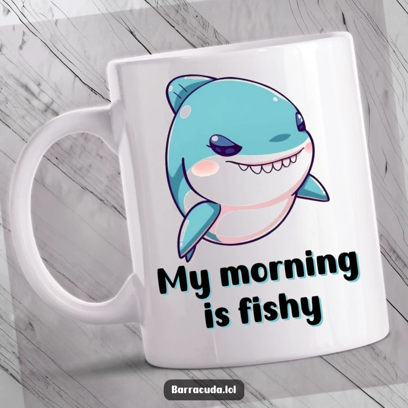 Funny Kawaii Barracuda Mug featuring a mischievous fish with a twinkling eye, ready for aquatic adventures and chuckles.