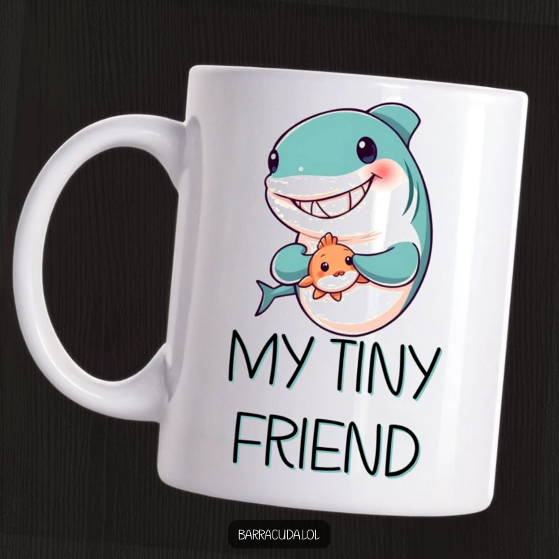 Funny mug featuring a barracuda with a huge grin, gently holding a tiny, shy fish, showcasing an unlikely friendship.