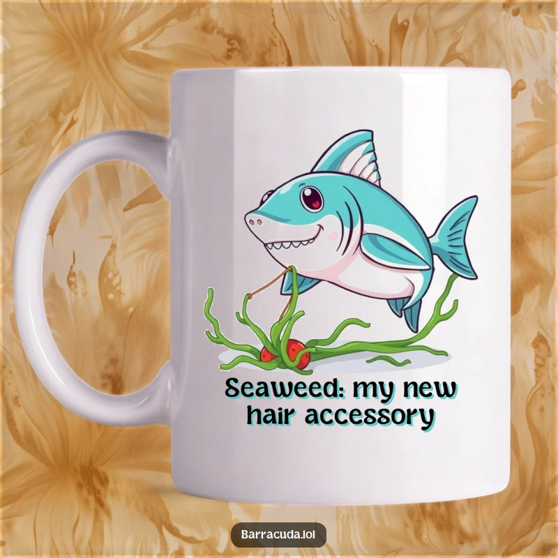 Funny Kawaii Barracuda Mug: a cute barracuda playfully tugging on a strand of seaweed, bringing smiles and ocean vibes.