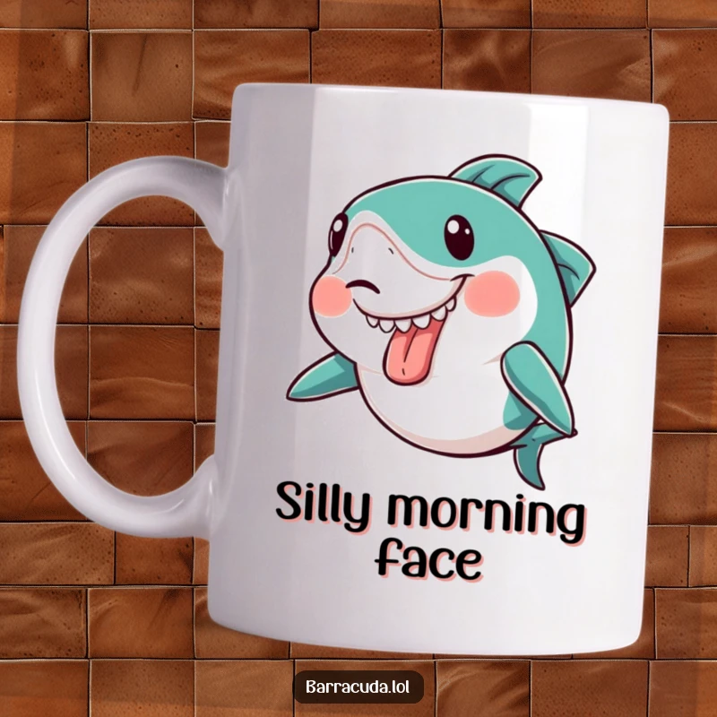 Funny kawaii barracuda making a silly face with its tongue sticking out slightly on a mug, conveying cheekiness.
