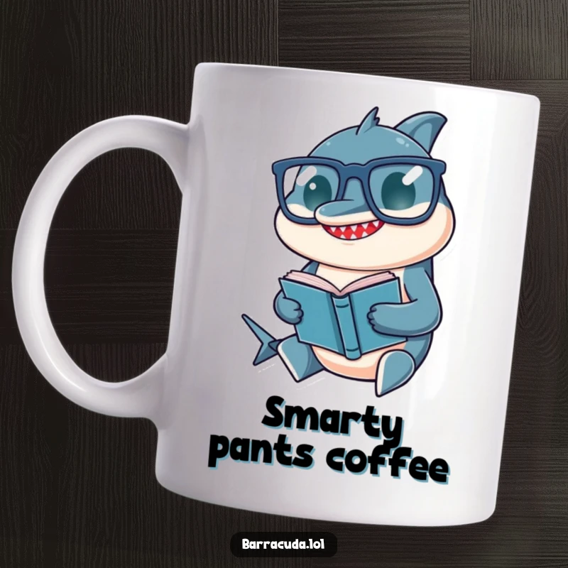 Funny mug showcasing a barracuda wearing enormous, round glasses while intently reading a minuscule book, looking very studious.