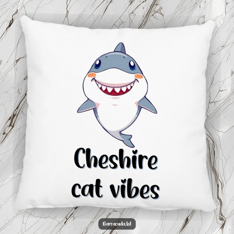 Funny Kawaii Barracuda Pillow: Soft cushion featuring a delightful fish with a prominent goofy tooth, beaming a wide, cheerful grin.