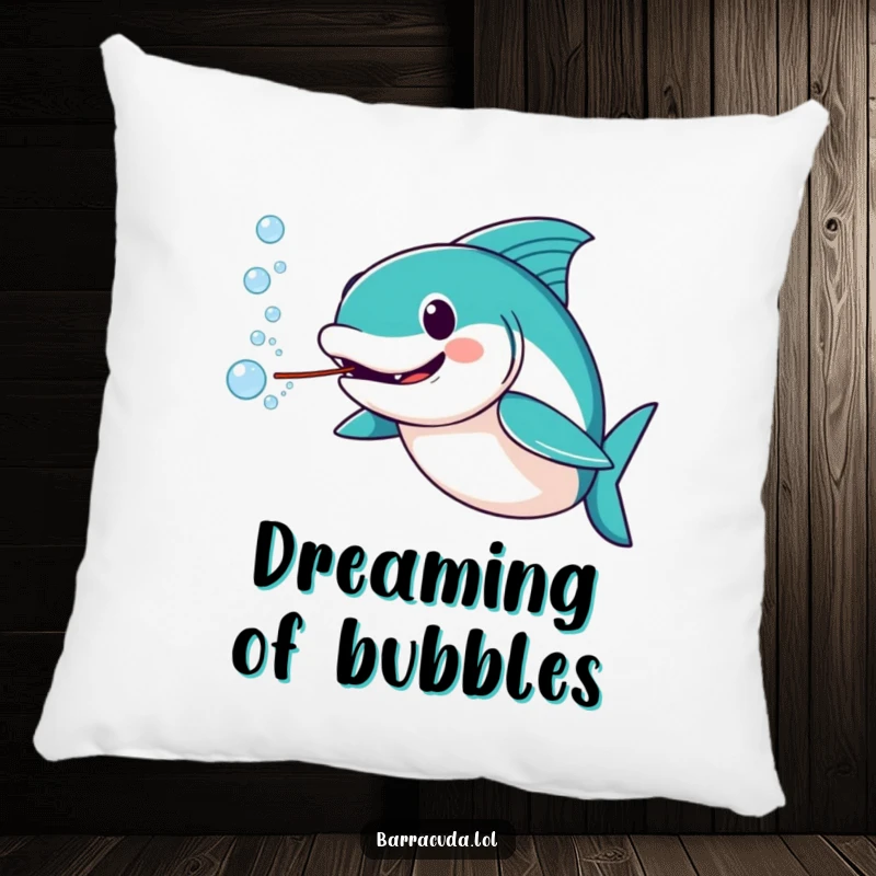 Funny barracuda pillow design featuring an amused barracuda blowing a stream of playful water bubbles, perfect for comfort.