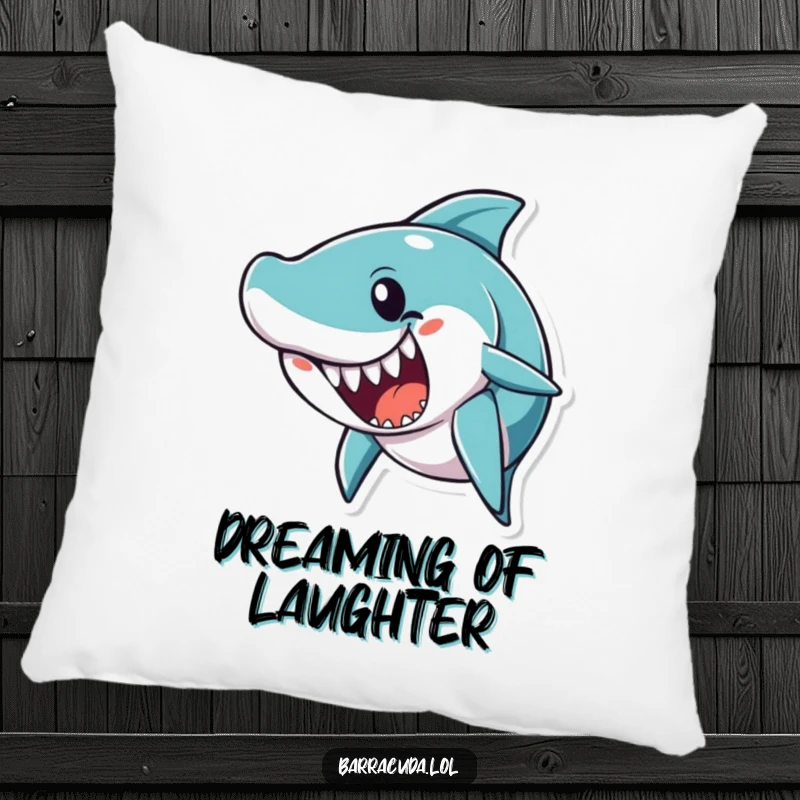 Funny barracuda character with an open mouth, as if telling a joke, on a soft and humorous pillow.