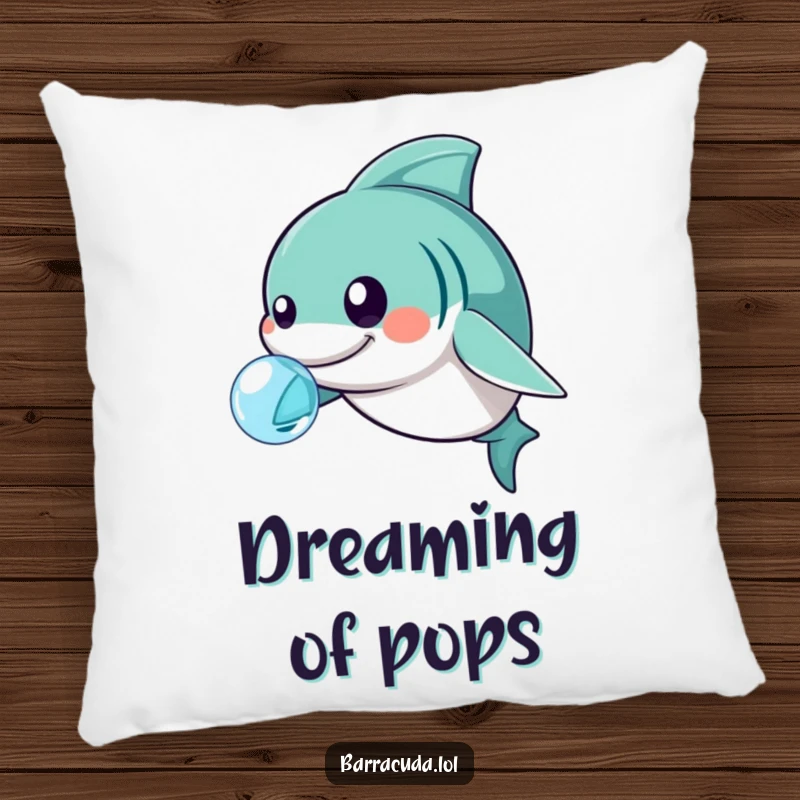 Funny kawaii barracuda nudging a bubble, soft and humorous decorative pillow.