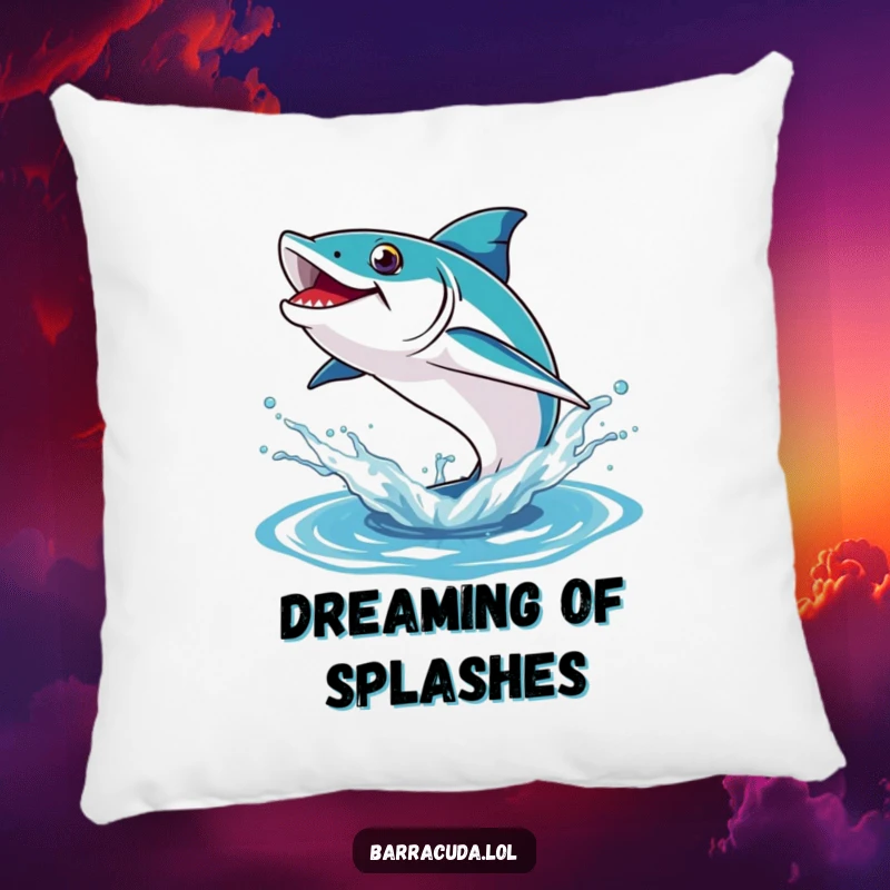 Funny pillow depicting a barracuda playfully leaping out of a stylized, energetic water splash.