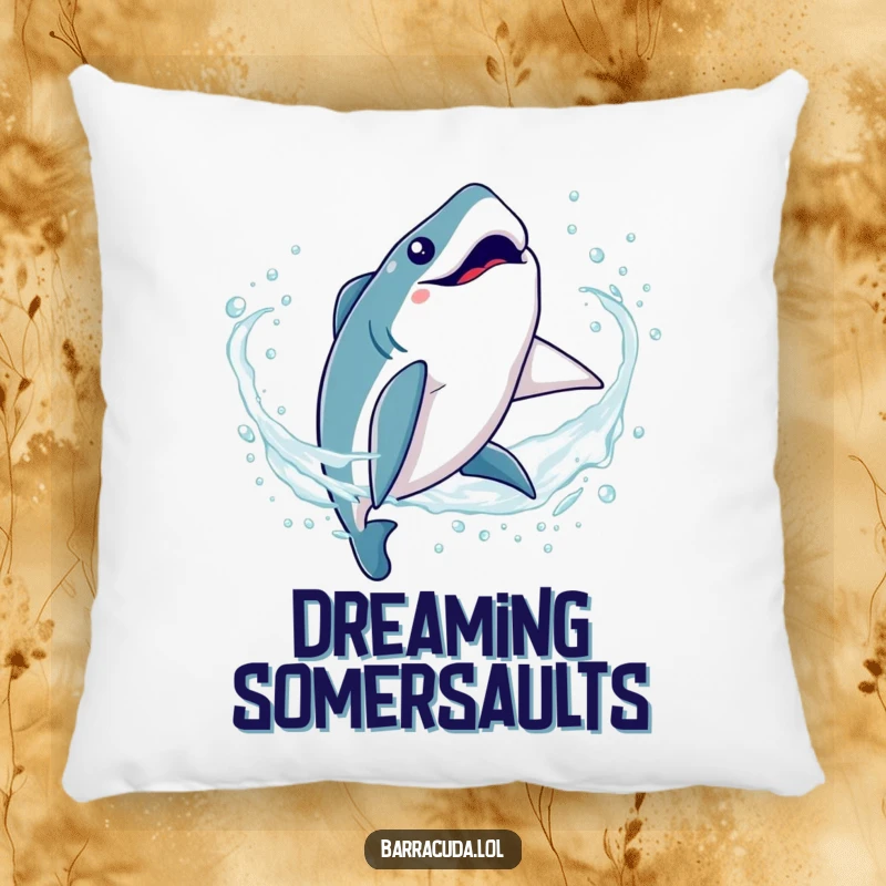 Funny Kawaii Barracuda Pillow: Soft cushion illustrating a cute fish doing a playful somersault in sparkling water, perfect for relaxation.