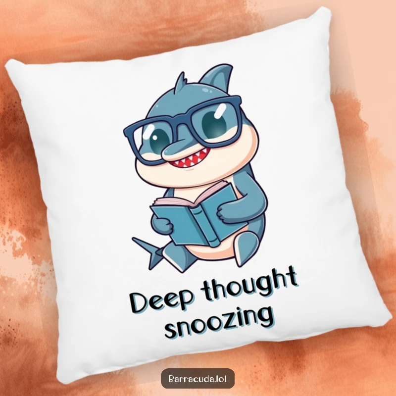 Funny pillow featuring a barracuda wearing oversized glasses, comfortably settled with a small book.