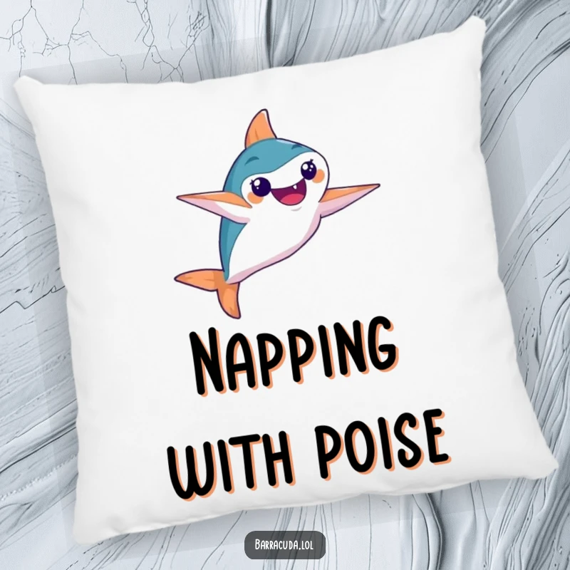 Funny pillow featuring a barracuda performing a synchronized swimming move with artistic flair and poise.