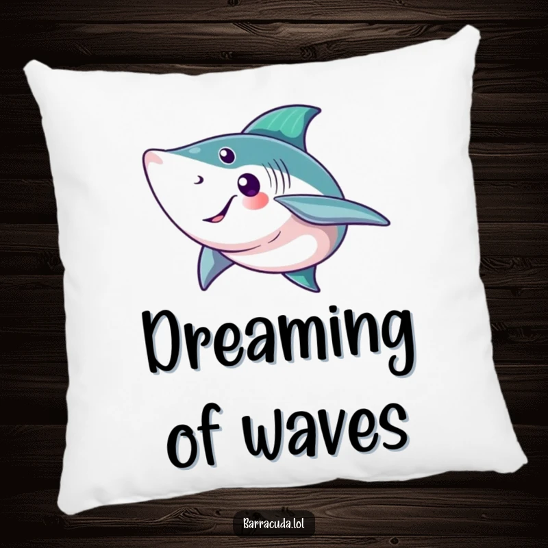 Funny barracuda pillow featuring a fish with a big, friendly tail fin wave, perfect for cozy aquatic comfort.