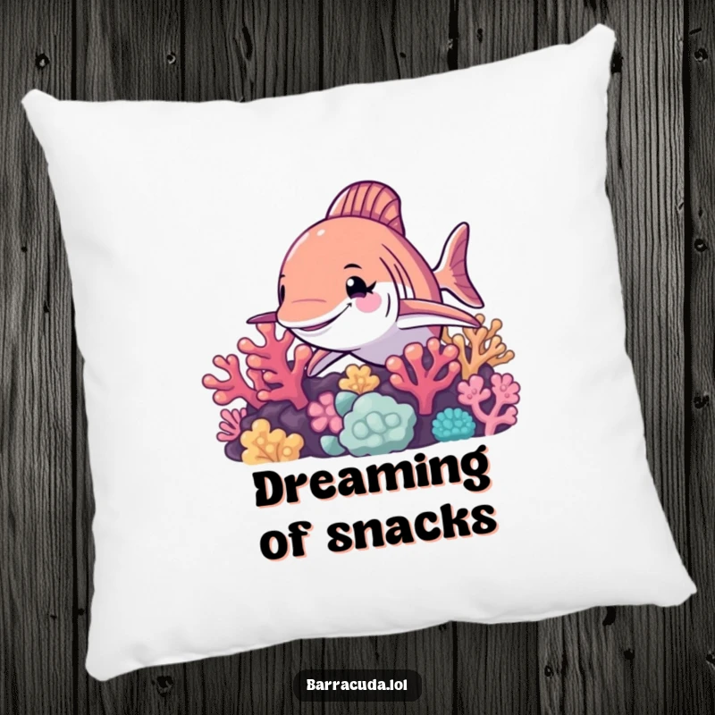 Funny barracuda pillow, a soft cushion featuring a barracuda winking from a colorful coral reef, adding a humorous touch to any room.