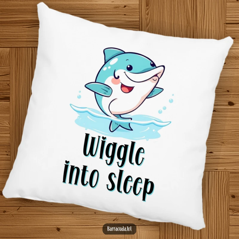 Funny kawaii barracuda doing a happy wiggle dance, soft and humorous decorative pillow.
