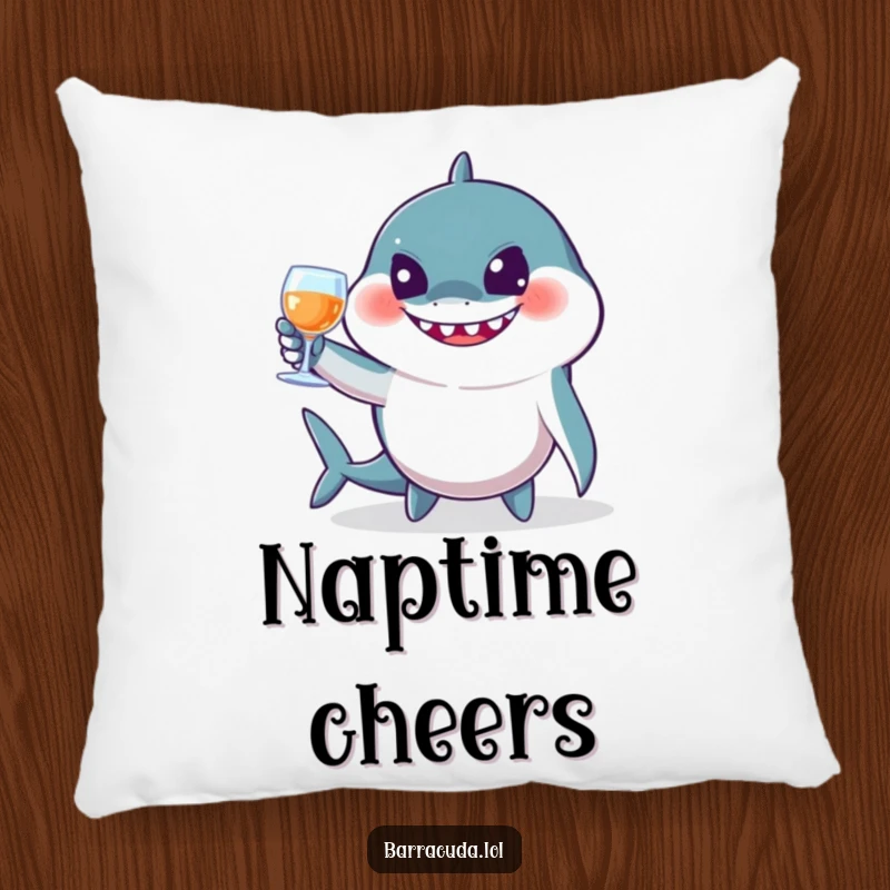 Funny barracuda pillow with a jovial fish toasting with imaginary glasses, offering comfort and a humorous, festive accent.