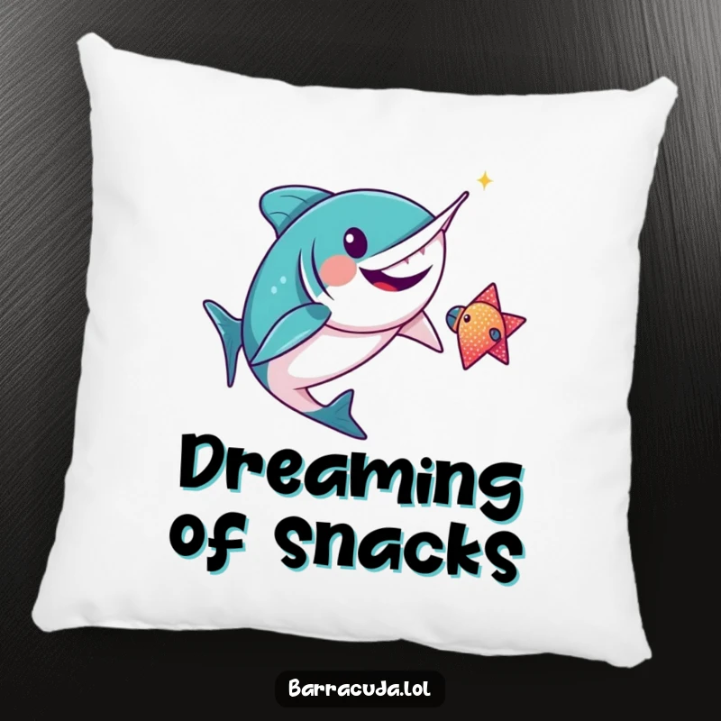 Funny kawaii barracuda gleefully chasing a sparkly fish on a soft pillow, ideal for adding humor to home decor.