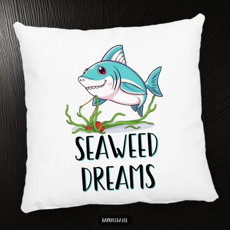 Funny Kawaii Barracuda Pillow: a cute barracuda playfully tugging on seaweed, offering comfort and a dash of ocean humor.