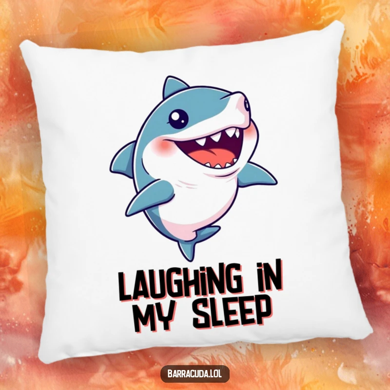 Funny decorative pillow with a barracuda caught in a silent, comical giggle, adding a touch of humor.