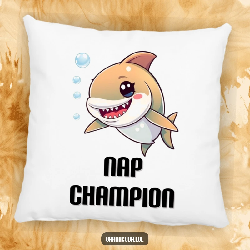 Funny pillow featuring a cute barracuda with a cheeky, mischievous grin, surrounded by a playful cluster of tiny bubbles.