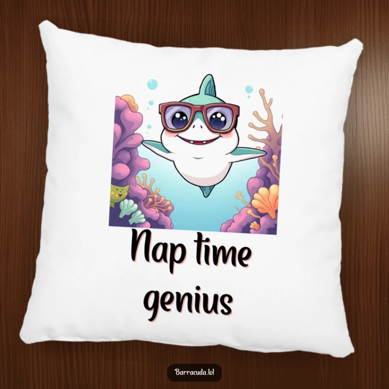 Funny Kawaii Barracuda Pillow: a cute barracuda with big glasses surveys the reef, offering cozy intellectual charm.
