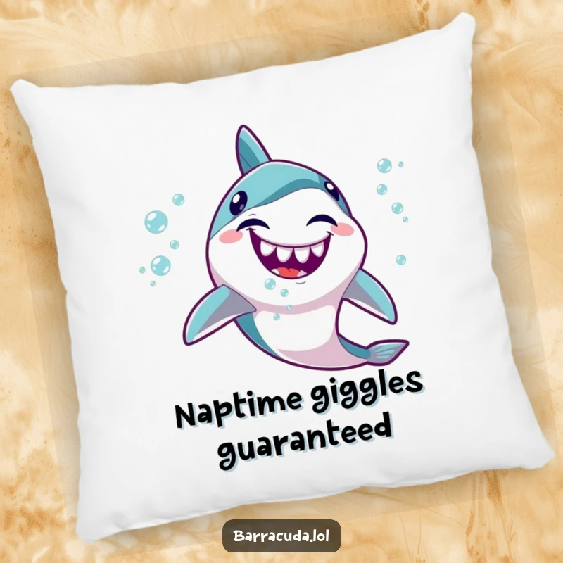Funny Kawaii Barracuda Pillow: Soft cushion illustrating a cute fish giggling and spitting tiny, happy bubbles, perfect for relaxation.