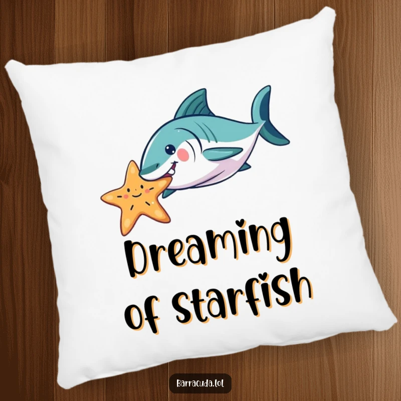 Funny Barracuda pillow showcasing a playful barracuda nudging a starfish, a soft and humorous decorative accent.