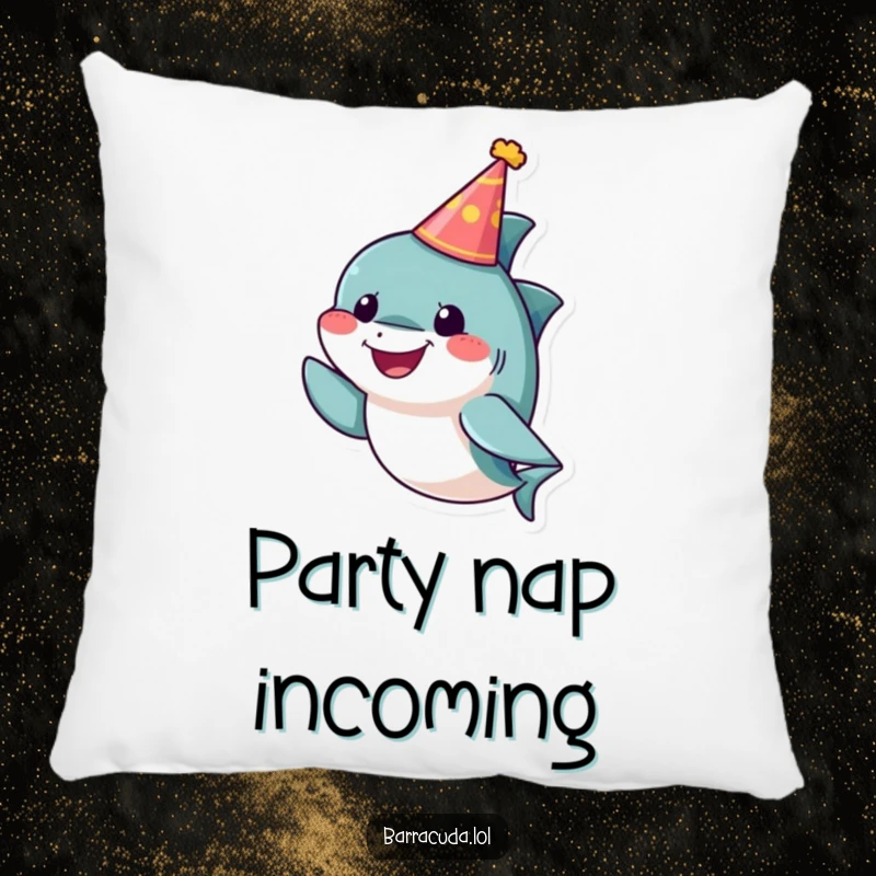 Funny barracuda pillow with a small, cheerful fish wearing a tiny party hat, offering plush comfort and festive cheer.