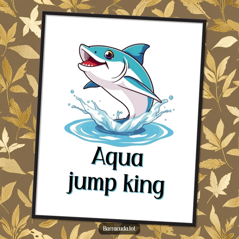 Funny digital art print of a barracuda playfully leaping high out of a large, dynamic water splash.