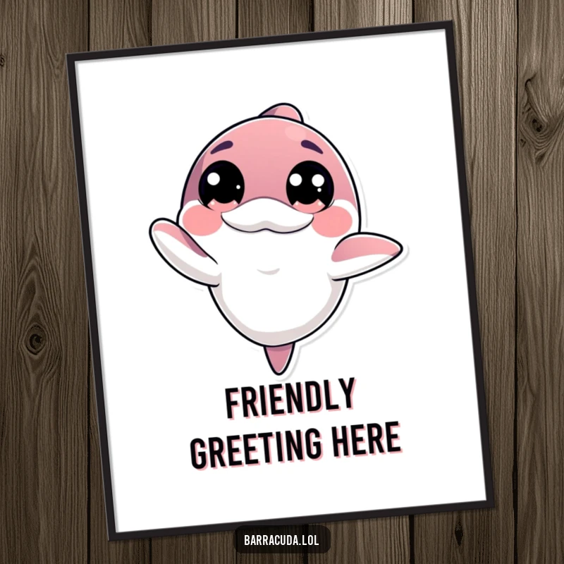 Funny kawaii barracuda with big innocent eyes offering a friendly wave on digital art, a gentle and humorous graphic.