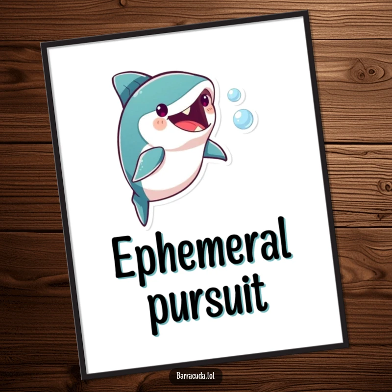 Funny barracuda character playfully chasing a tiny bubble, available as instant digital art for humorous home decor.