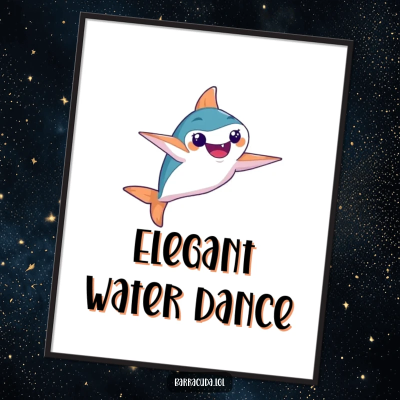 Funny digital art print of a barracuda executing a beautiful synchronized swimming move with artistic flair.