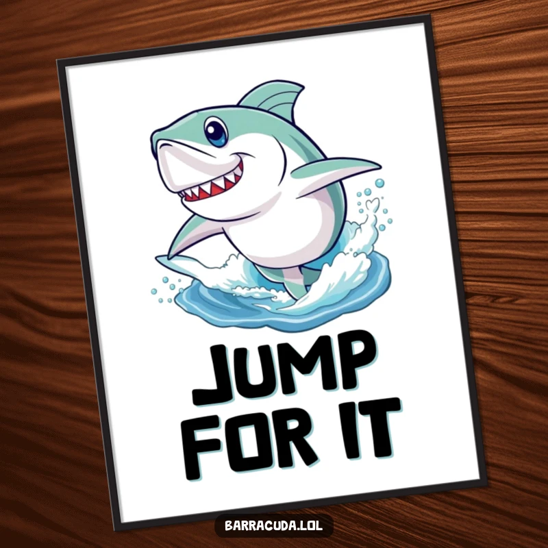 Funny digital art print of a determined barracuda playfully leaping high out of the water, full of energy and life.