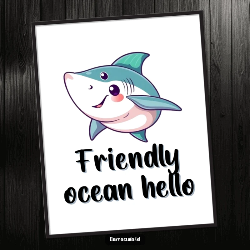 Funny barracuda digital art print of a fish with a big, friendly tail fin wave, perfect for instant decor.