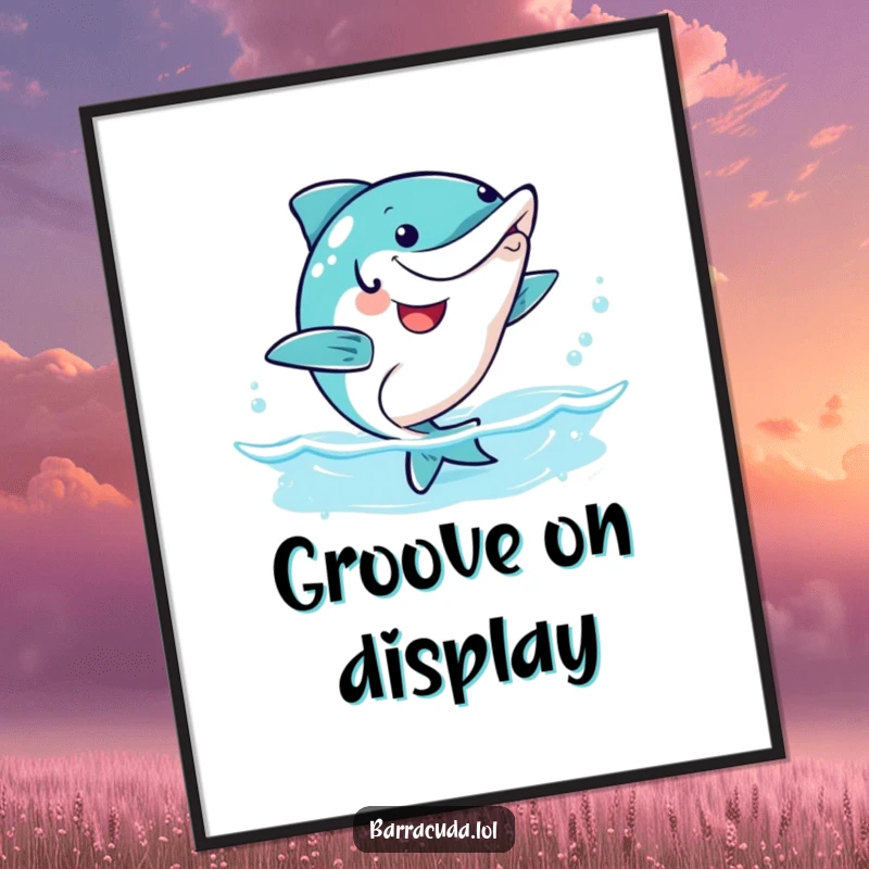 Funny kawaii barracuda doing a happy wiggle dance underwater, joyful and humorous digital art.
