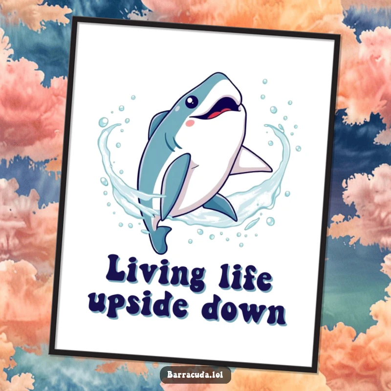 Funny Kawaii Barracuda Digital Art Print: High-resolution image of a cute fish performing a silly somersault in sparkling water, ready for framing.