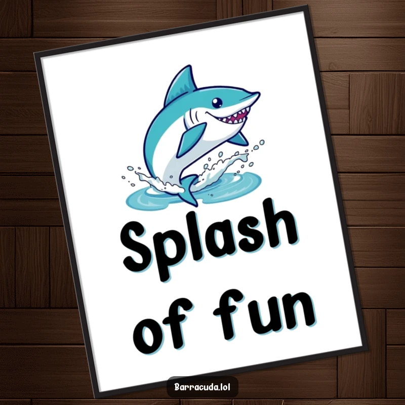 Funny kawaii barracuda leaping out of water with a splash, high-resolution digital art print.