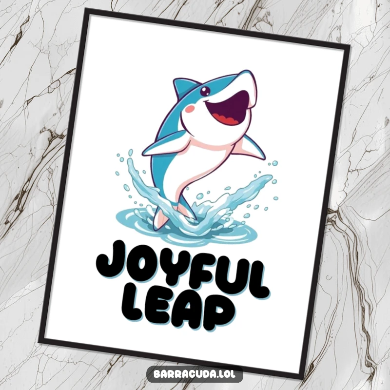 Funny Kawaii Barracuda Digital Art Print: a cute barracuda leaping joyfully out of the water, offering instant ocean joy.