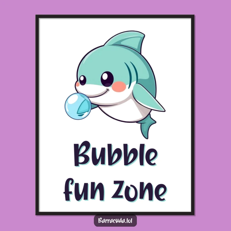 Funny Playful Barracuda Digital Art - Kawaii Nudging Bubbles Print
