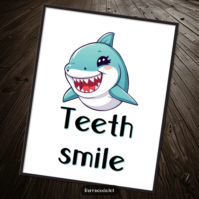 Funny barracuda digital art print of a fish winking playfully with sharp teeth, perfect for instant, humorous wall decor.