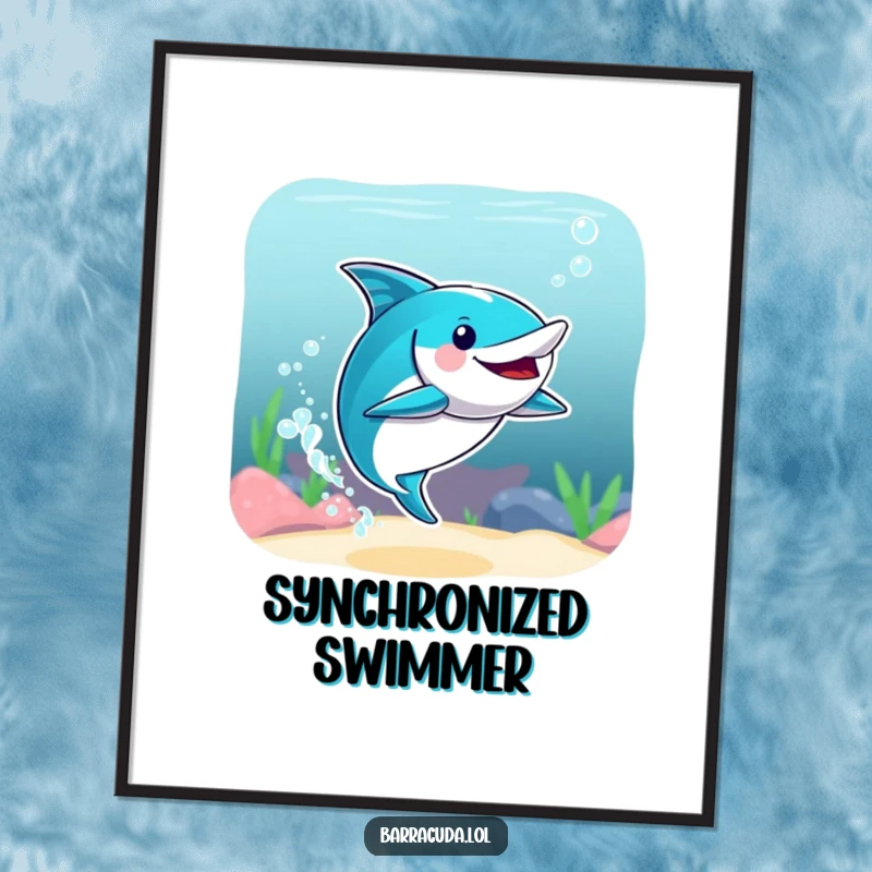 Funny digital art print of a barracuda performing an elaborate synchronized swimming move with dynamic water splashes, full of aquatic humor.