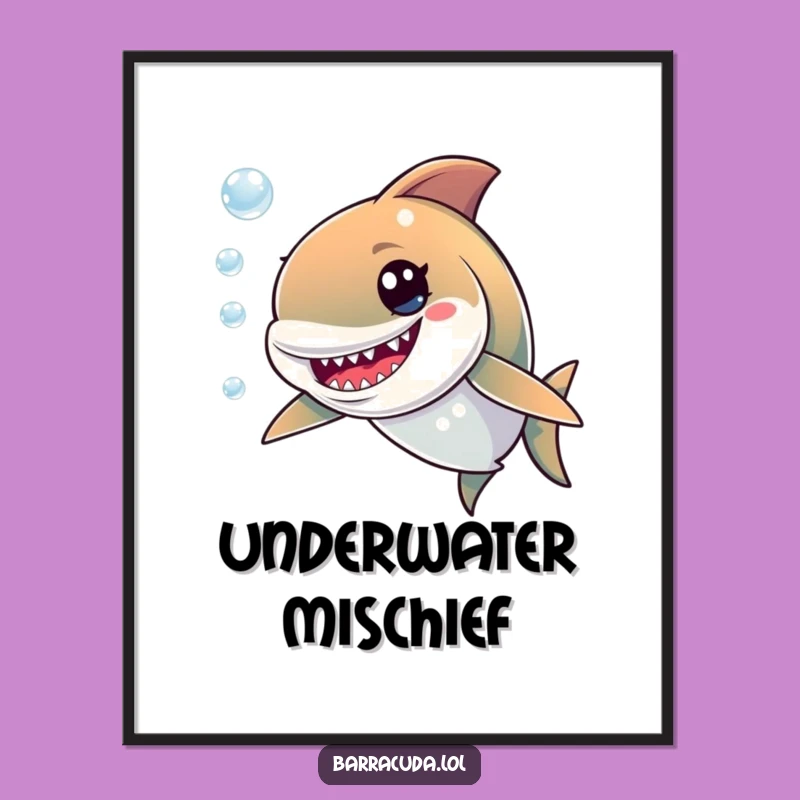 Funny Barracuda Digital Art: Mischievous Grin Chasing Bubbles, Instant Humorous Decor Gift