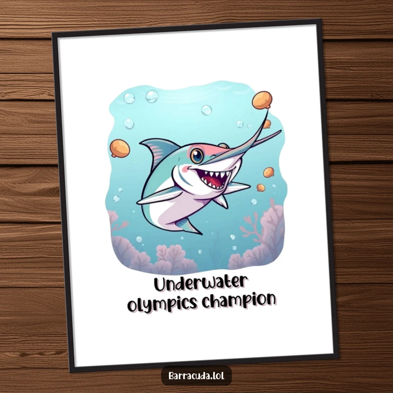 Funny barracuda digital art print of an energetic barracuda playing a game of underwater tag, ready for instant download.