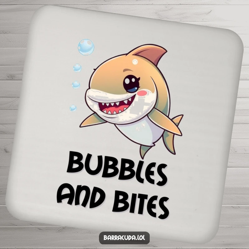 Funny drink coaster featuring a cute barracuda with a mischievous, wide grin, guarding your beverage from water rings.