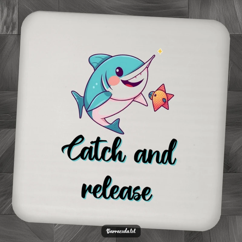 Funny kawaii barracuda gleefully chasing a sparkly fish on a drink coaster, adding a humorous touch to surfaces.