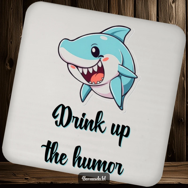 Funny barracuda character with an open mouth, as if telling a joke, on a humorous drink coaster.