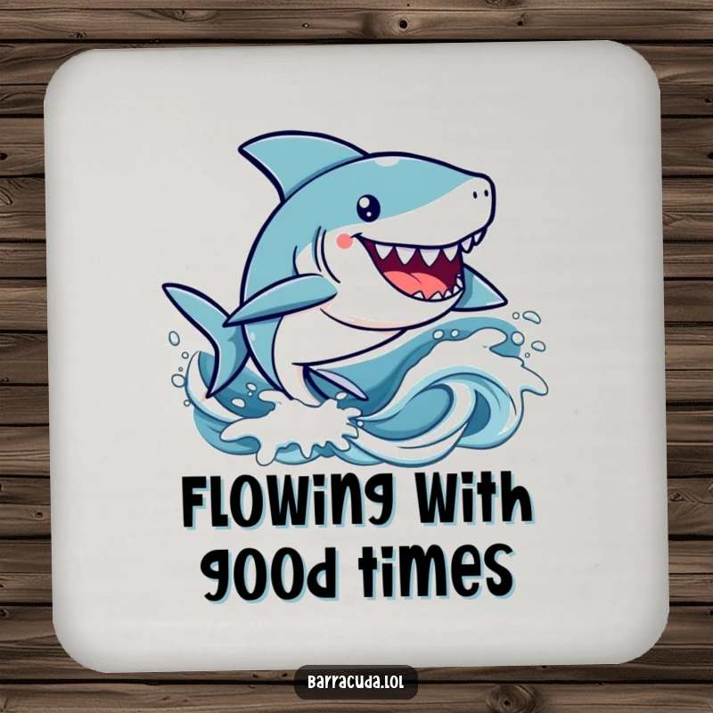 Funny kawaii barracuda character happily zipping through stylized waves on a cute and humorous drink coaster.