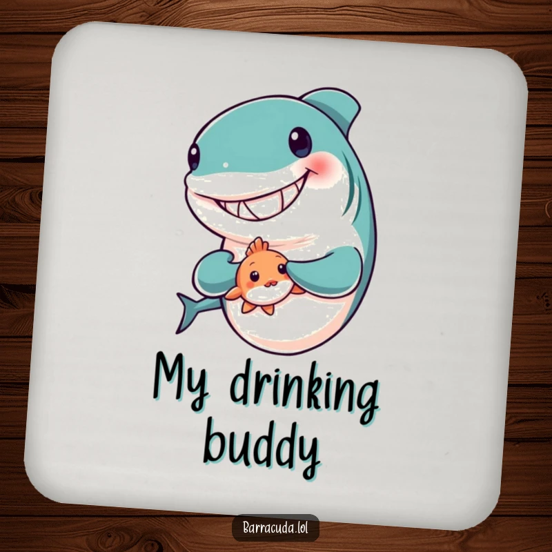 Funny drink coaster depicting a grinning barracuda gently holding a tiny, shy fish, a sweet table accent.